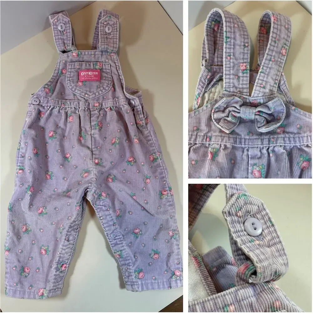 Vintage OshKosh RARE BOW BACK Purple Floral Corduroy Overalls 12 Months 80s